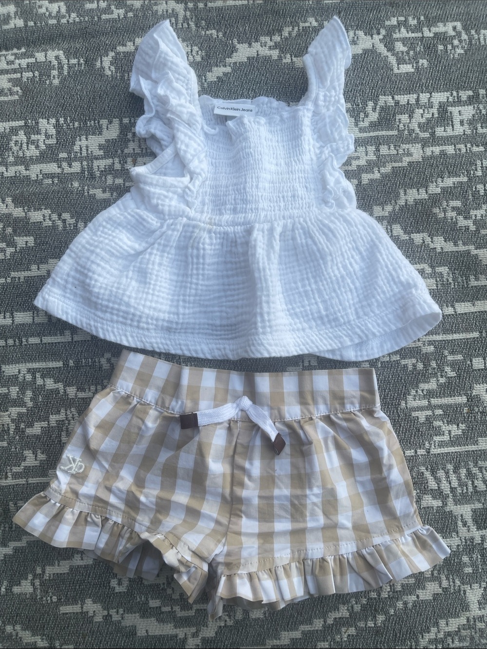 Calvin Klein Jeans White Ruffle Tank & Tan Gingham Shorts Set